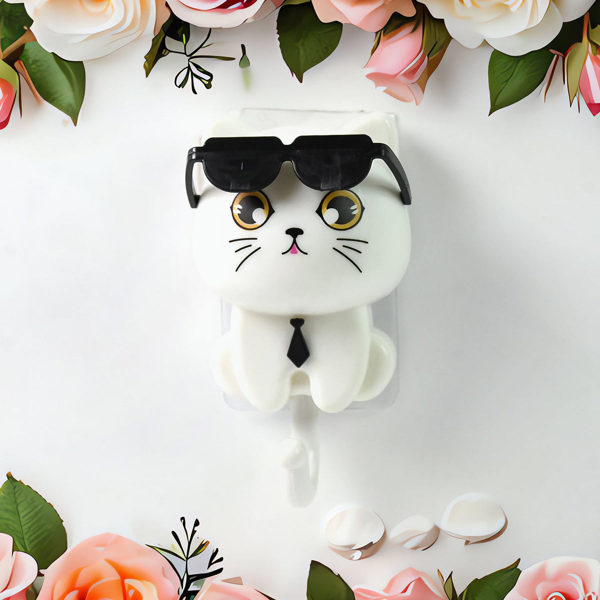 Cat Wall Hook – Cute Sunglasses Design, Self-Adhesive – detail view