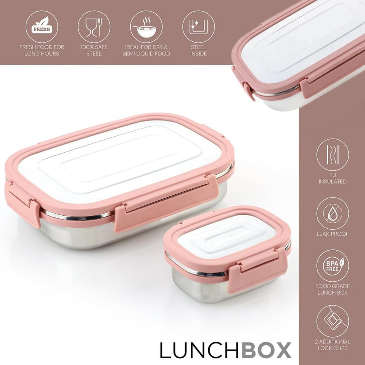 Stainless Steel Lunch Box – Leak-Proof 2PC set – detail view