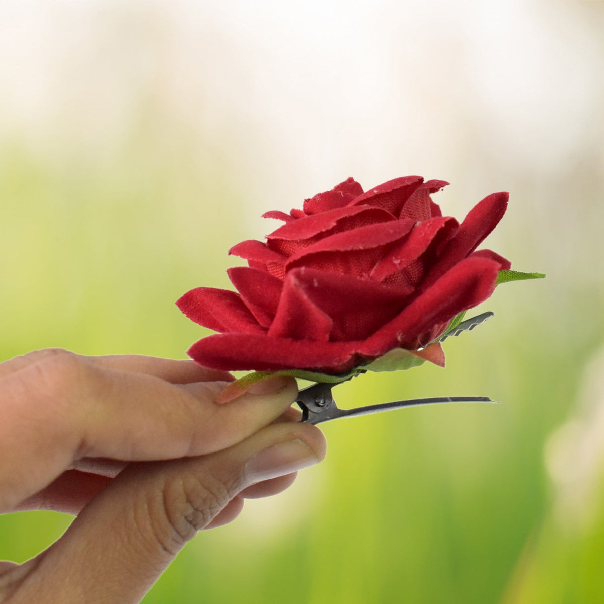 Velvet Rose Hair Clip – Red Flower Design (12 Pcs) – close-up