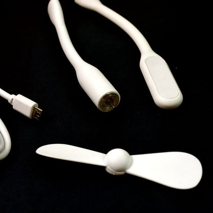 Portable USB Fan set – Mini Fan, LED Light & Cable – detail view