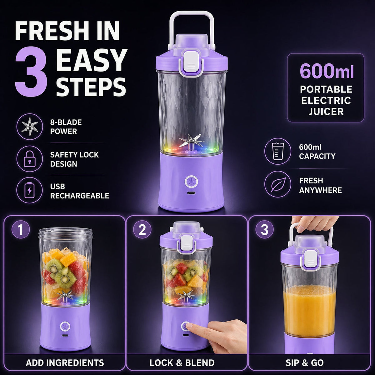 Portable Juicer – USB Rechargeable, 8 Blades & 600ml – view 9