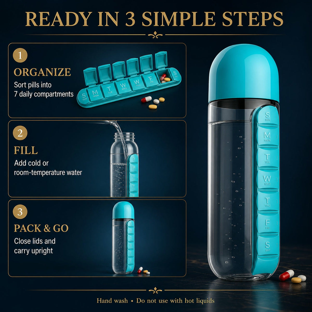 Pill Organizer Water Bottle 600ml – Travel Friendly – view 12