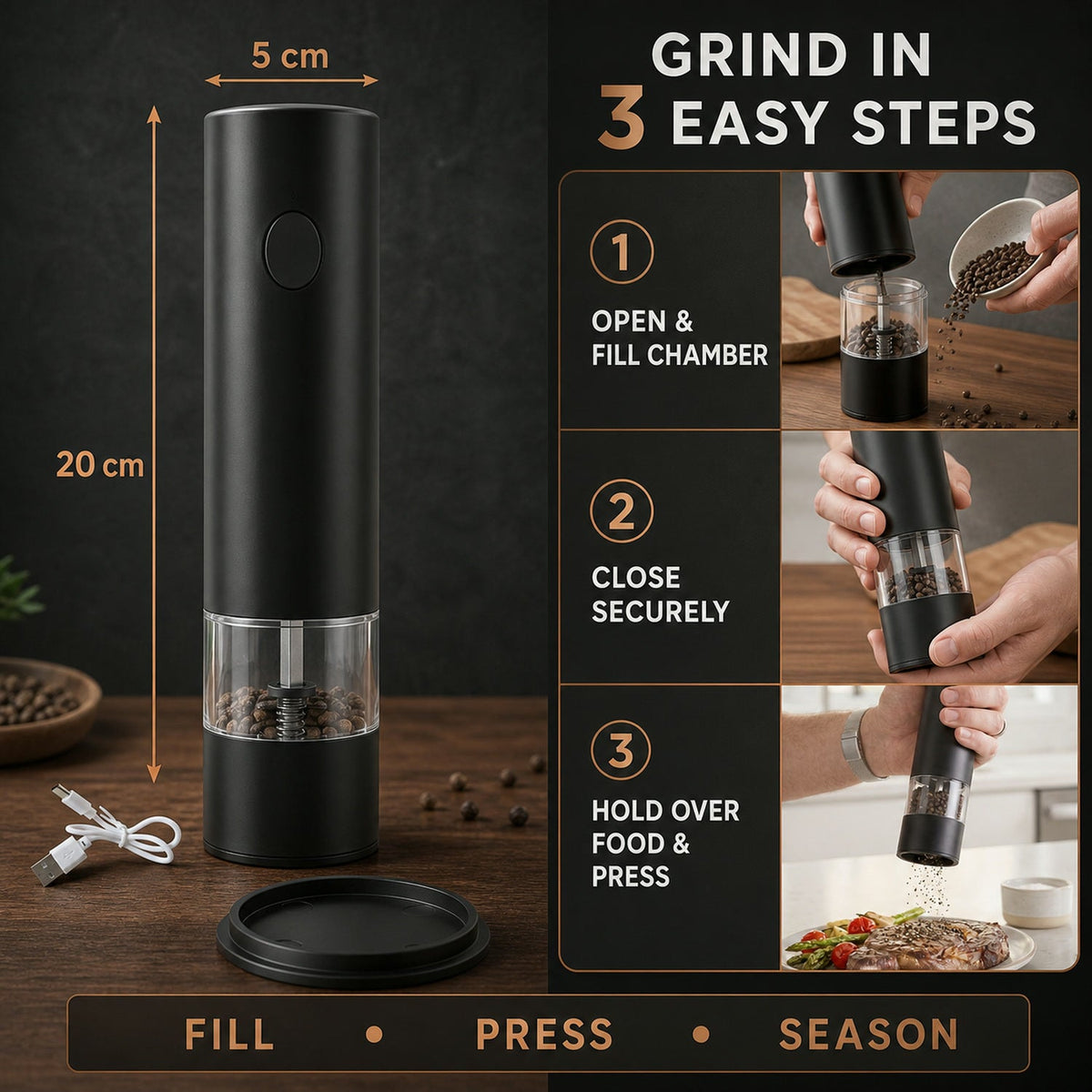 Electric Pepper Grinder – USB Rechargeable & One Touch – view 11