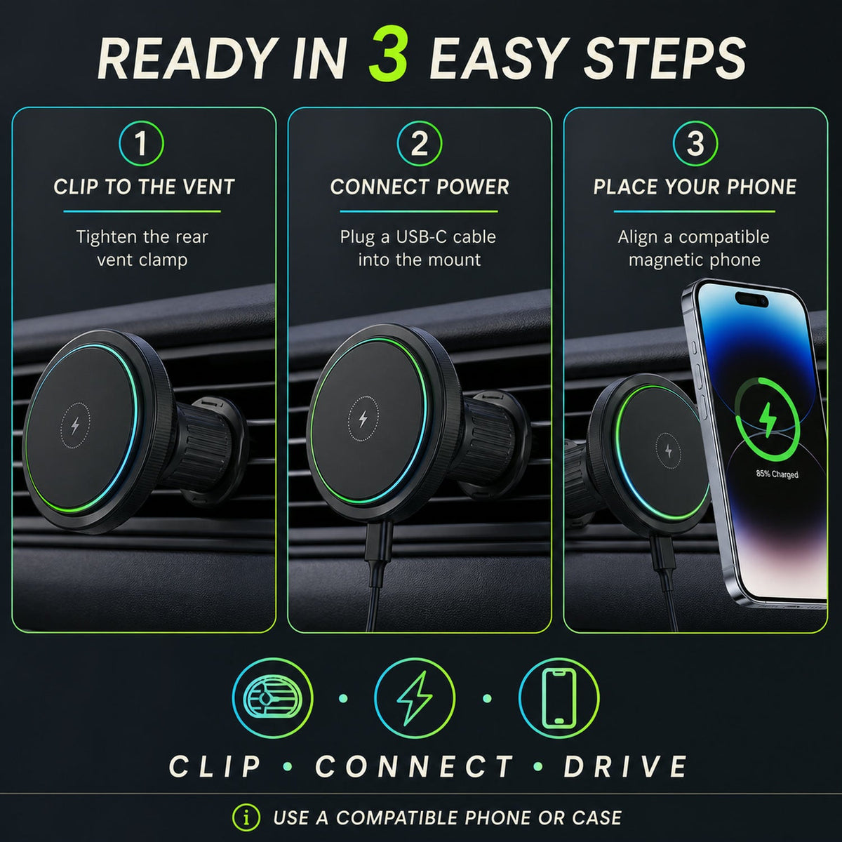 Magnetic Car Charger – Wireless Phone Mount with RGB Lights – view 8