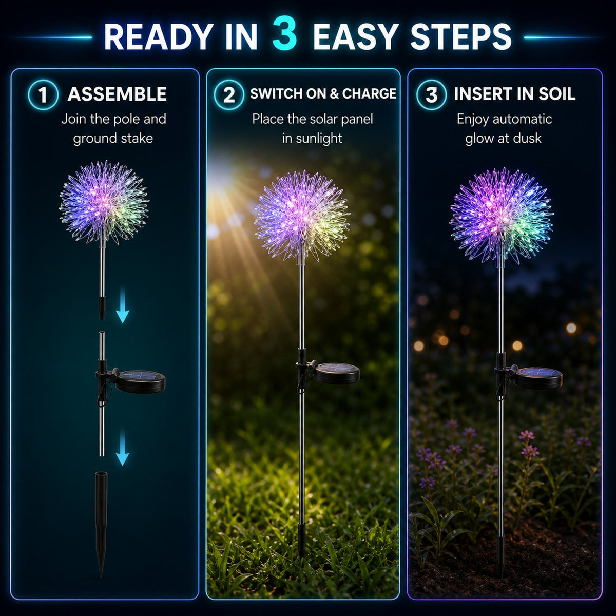 Solar Powered Dandelion Garden Lights – 2 pc Multicolor LEDs – view 13