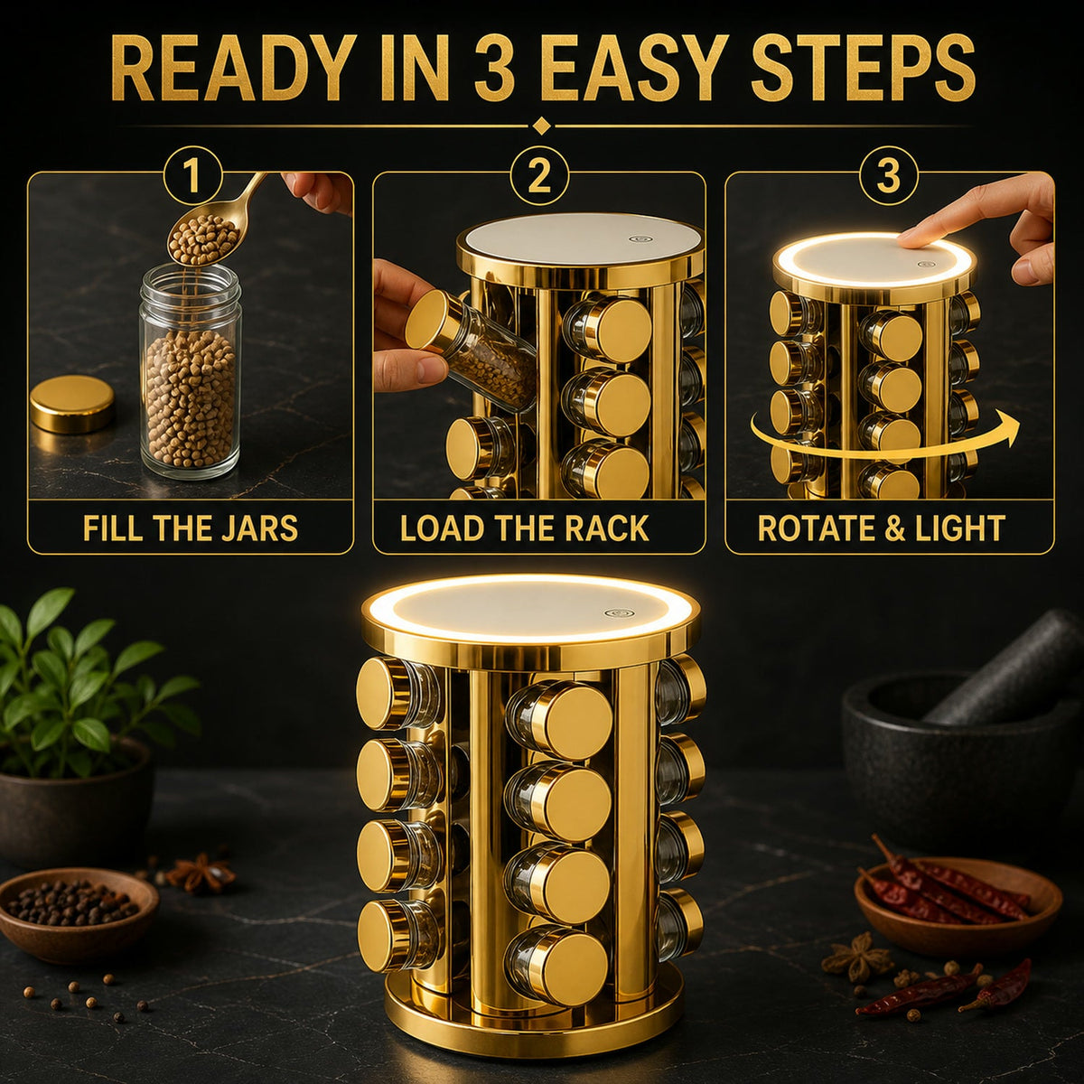 Rotating Spice Rack – LED Illuminated, 16 Jars, Golden – close-up