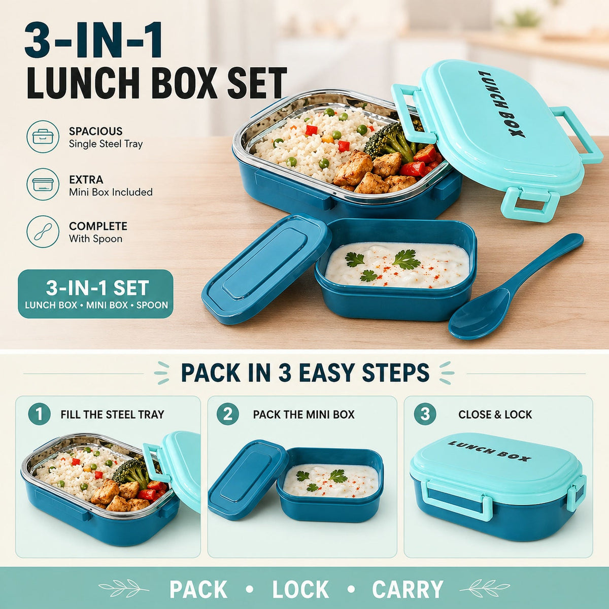 Stainless Steel Lunch Box – 3-in-1 Leakproof set – view 8