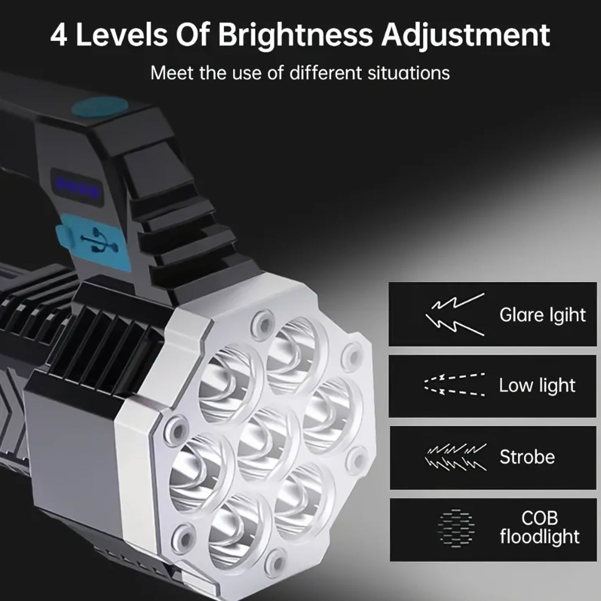 Rechargeable LED Flashlight – Portable 7-LED COB Torch – close-up
