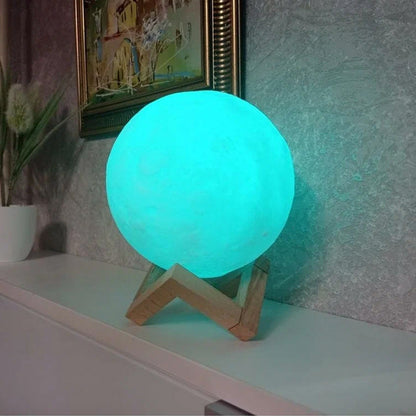 Moon Night Lamp – Blue 3D LED with Plastic Stand – detail view