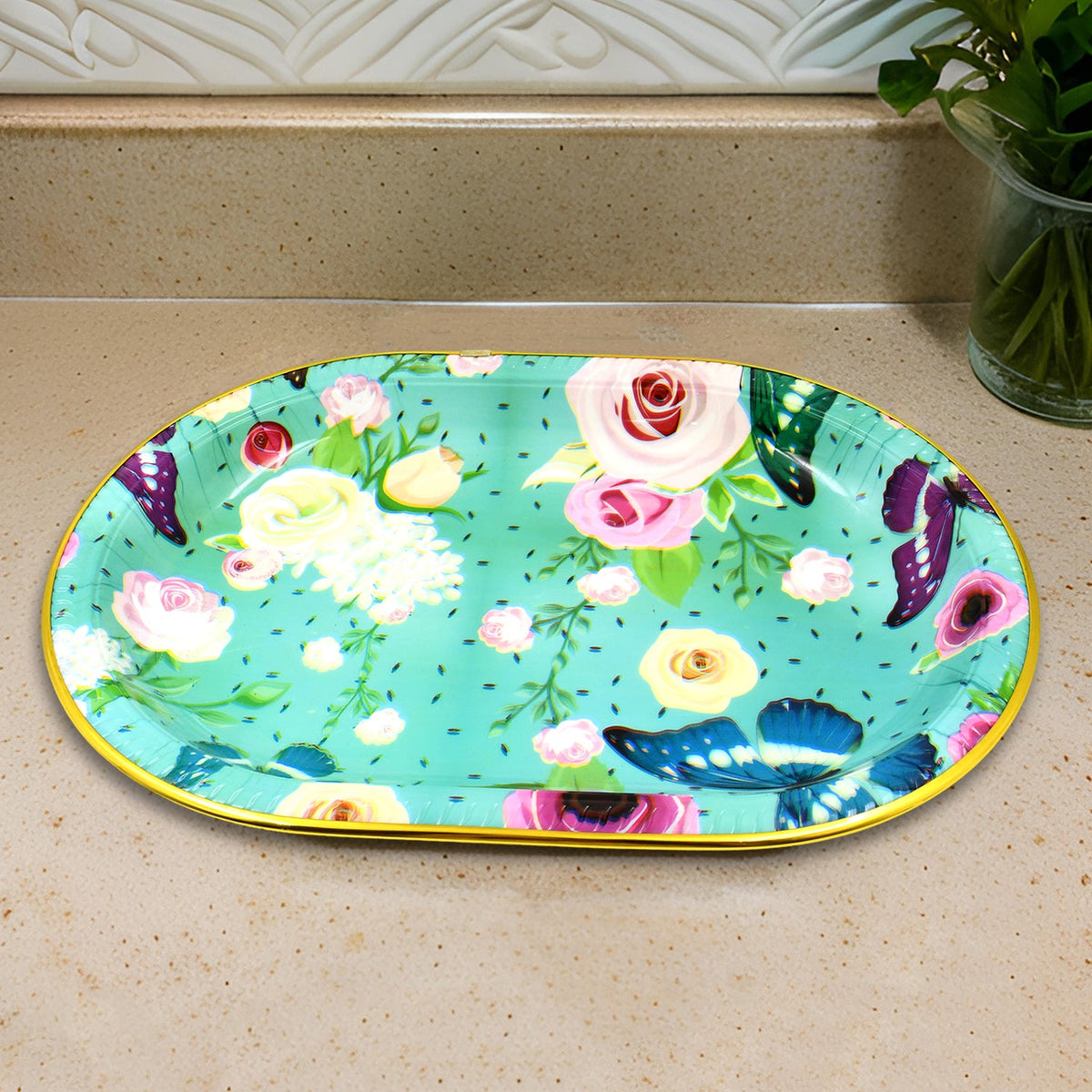 Plastic Serving Tray – Flower Print Design, 35x24cm – close-up