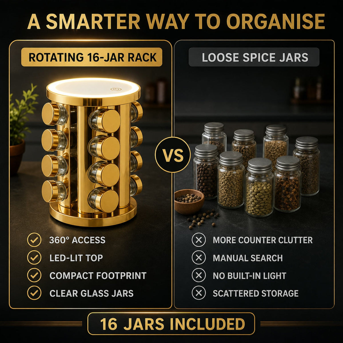 Rotating Spice Rack – LED Illuminated, 16 Jars, Golden – view 8