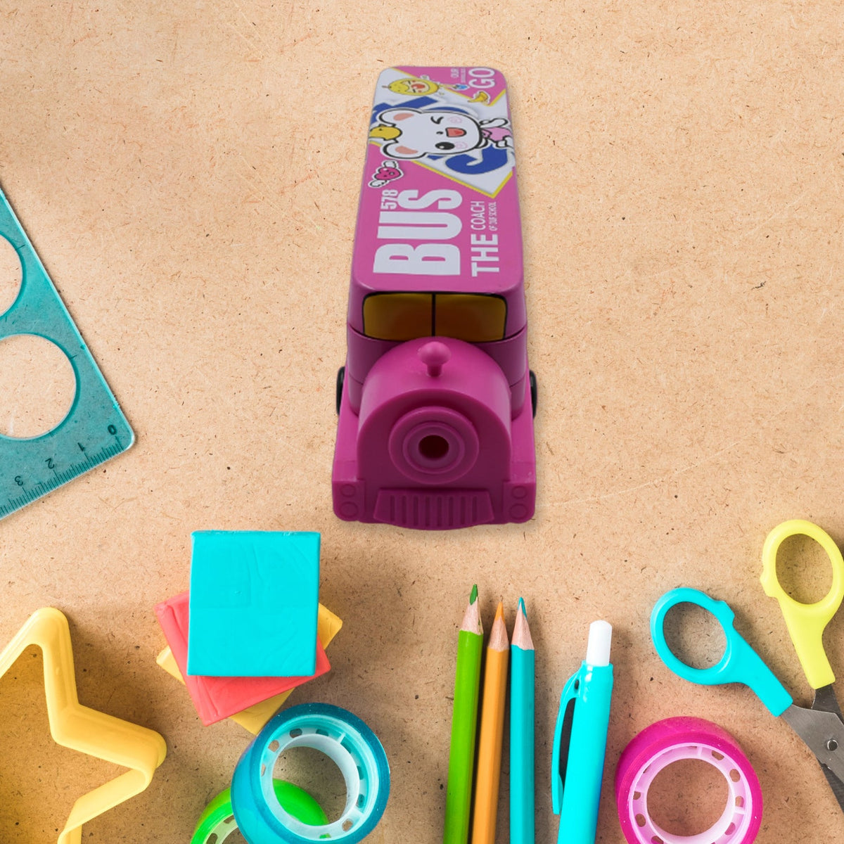 Metal Bus Pencil Case – Double Decker with Sharpener – detail view