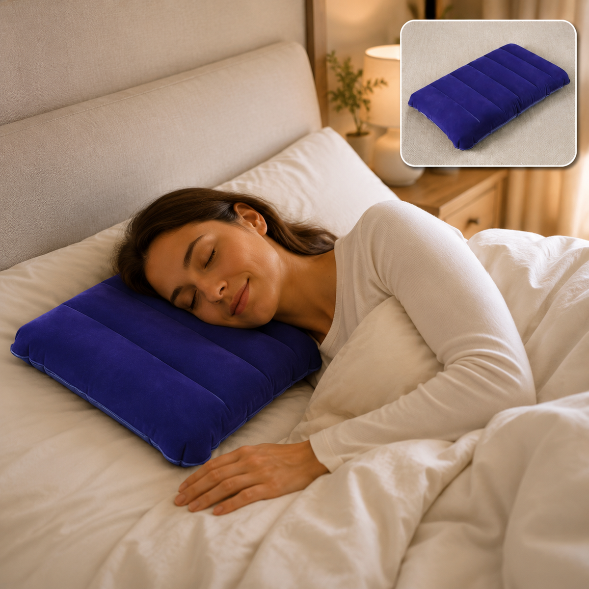 Inflatable Travel Pillow – Velvet Air Comfort (Blue)