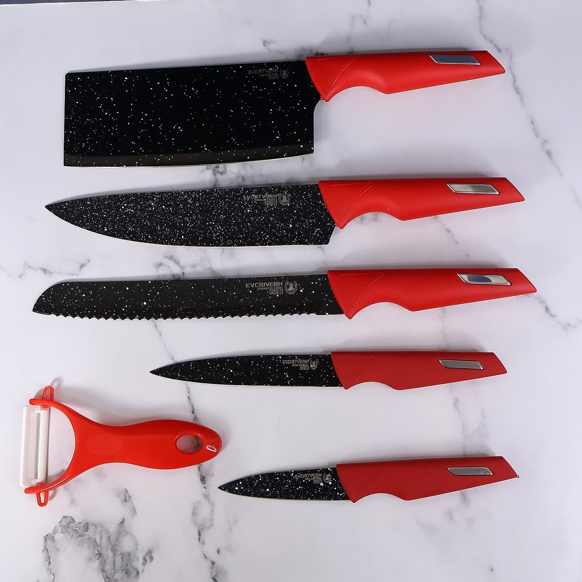 Kitchen Knife set – Marble-Coated Blades & Ergonomic Red – close-up