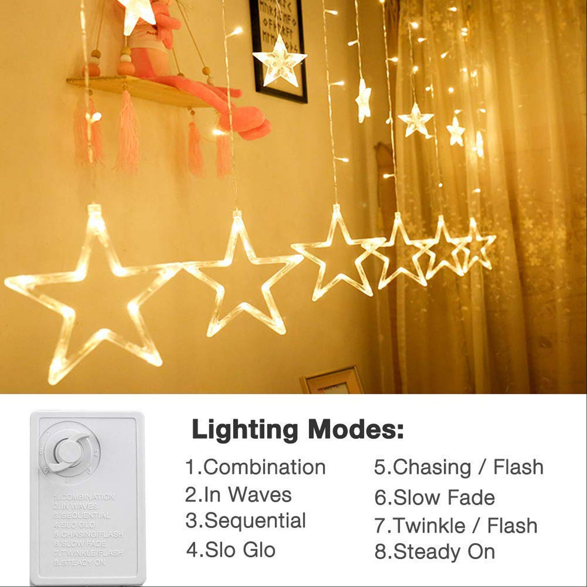 Star Curtain Lights – 12 LED Stars, 8 Flashing Modes – view 6