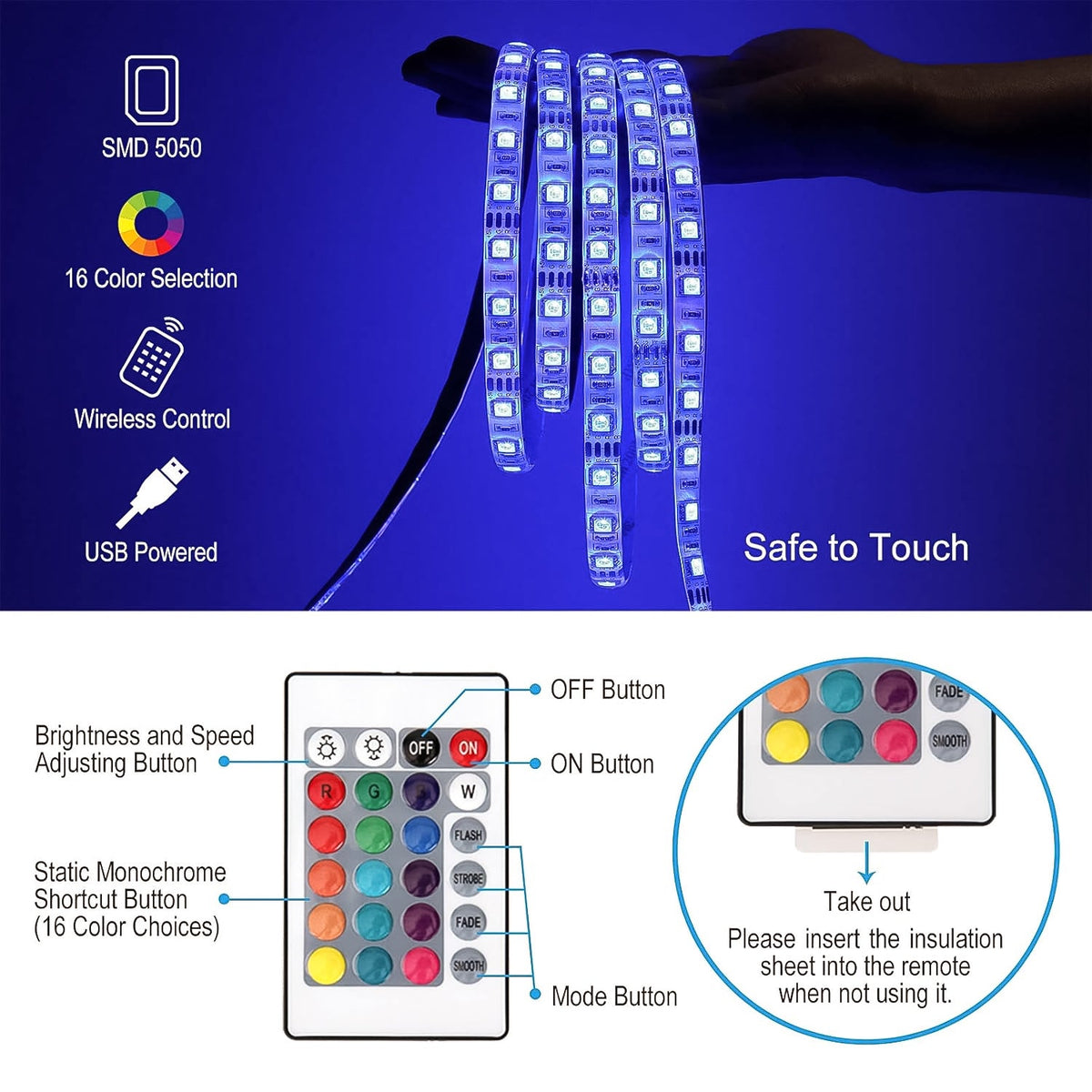 RGB LED Strip Lights – 3M Multi-Colour USB with Remote – close-up