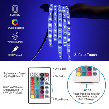 RGB LED Strip Lights – 3M Multi-Colour USB with Remote – close-up