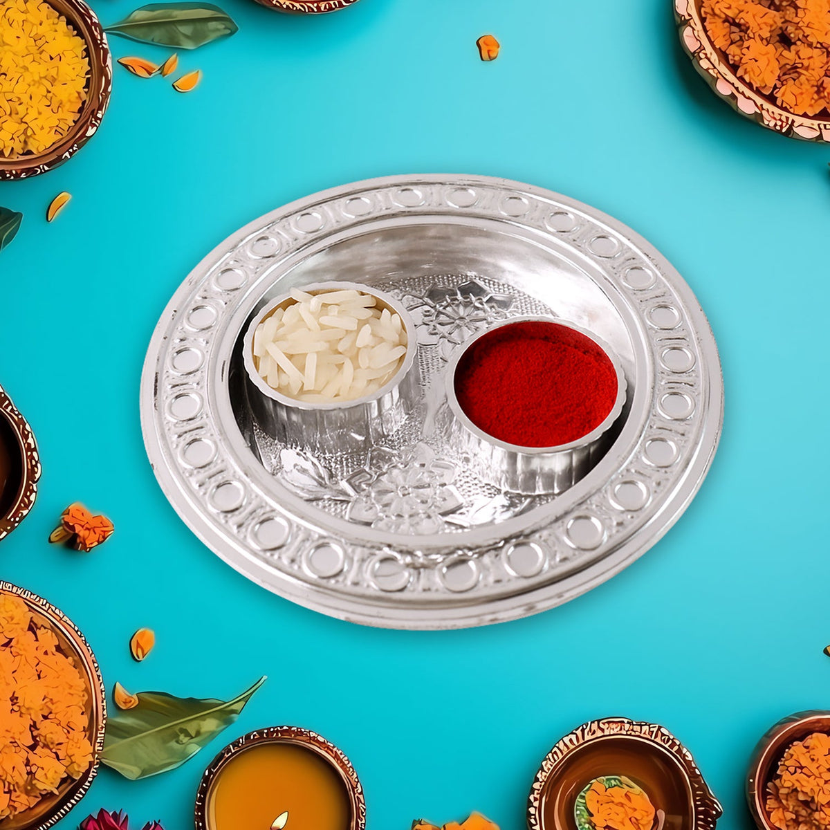 Kumkum Thali Holder – Small Round Puja Plate – close-up