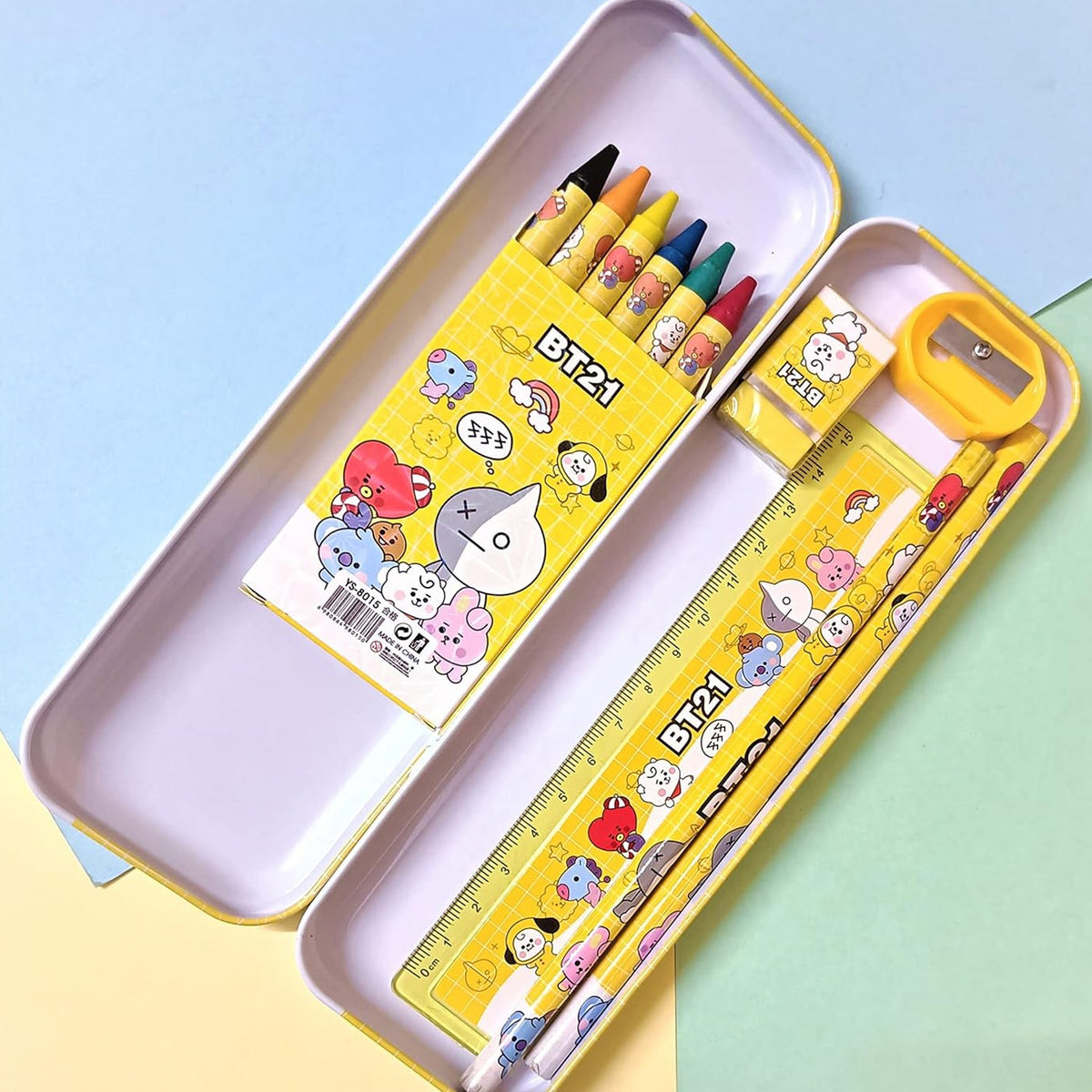 Stationery Kit for Kids – 12 pc Metal Pencil Box set – detail view