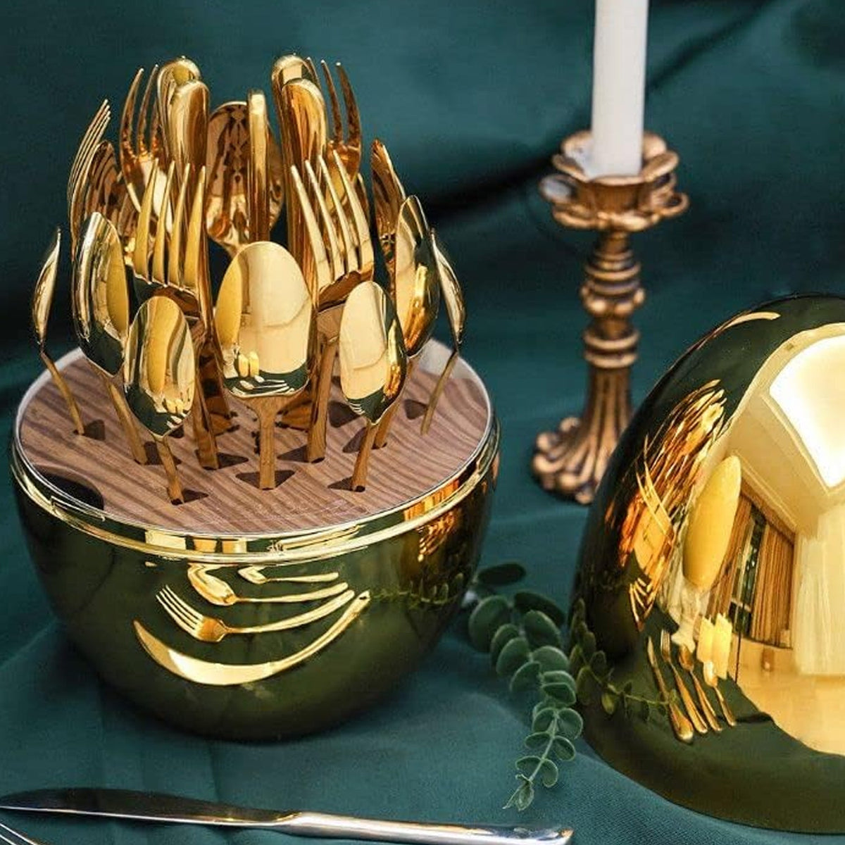 Golden Cutlery set – 24-Pc with Oval Stand – view 8