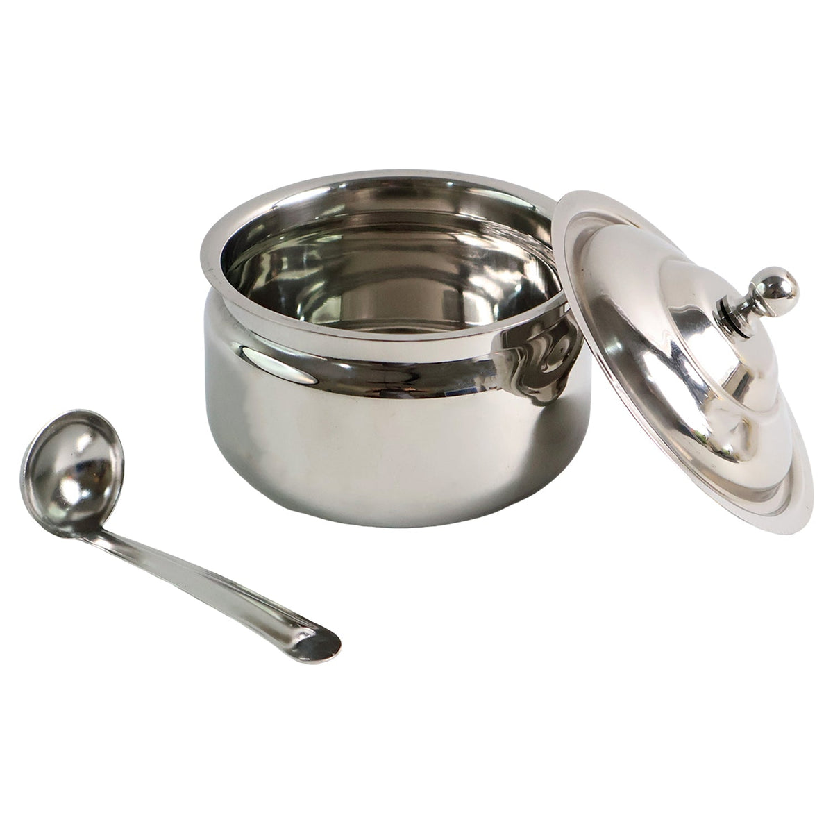 Stainless Steel Ghee Pot with Lid & Spoon – Mirror Finish – detail view