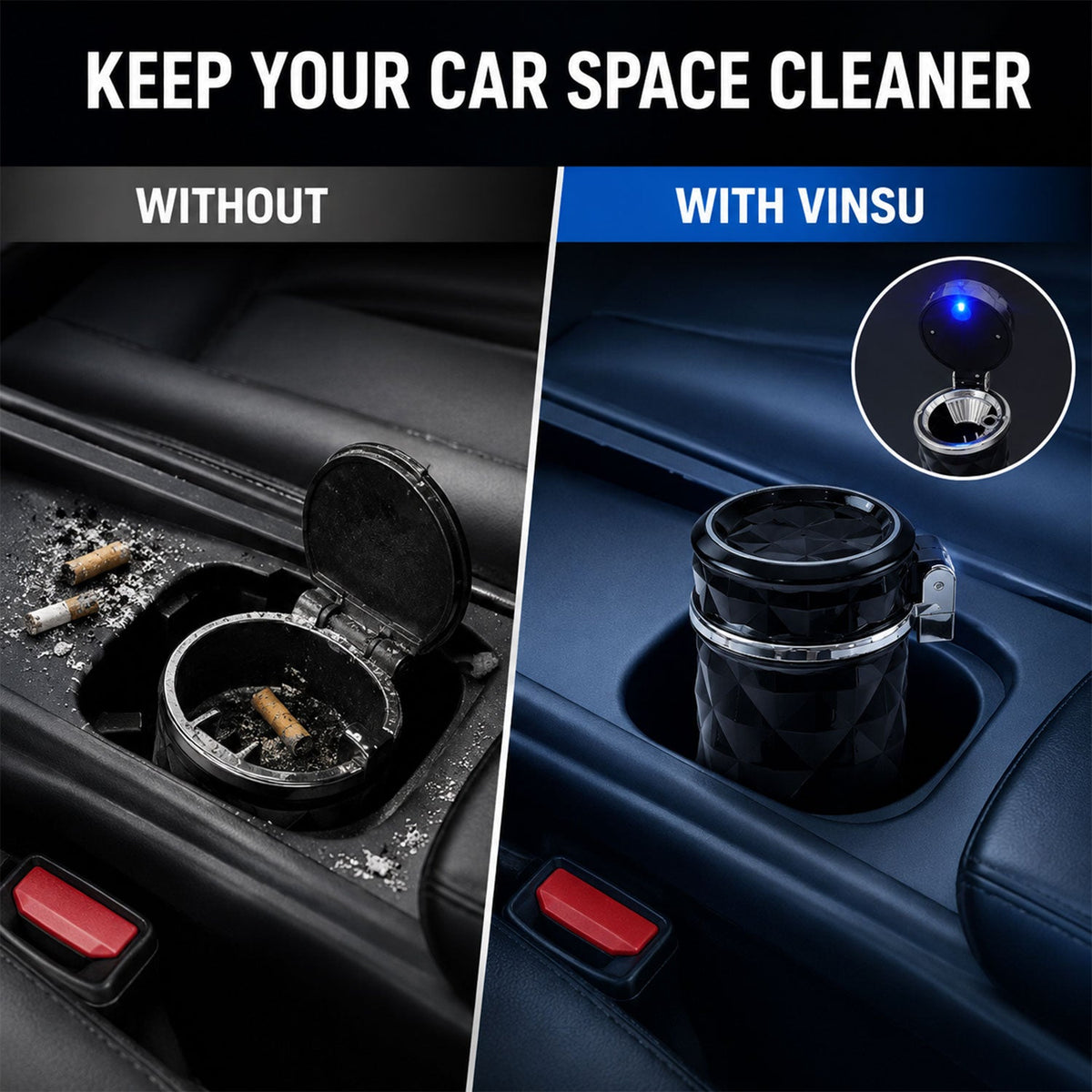 Car Cupholder Ashtray – LED Light, Lid & Portable Bin – detail view