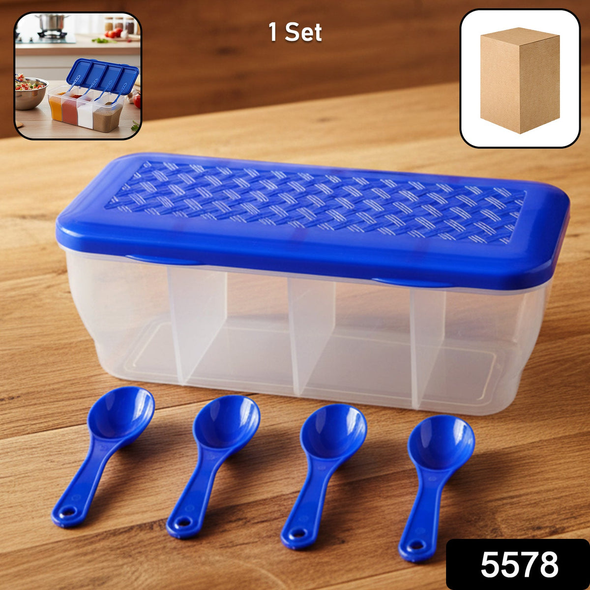 Airtight 4-Section Storage Container – Spice Jar with Spoons – side view
