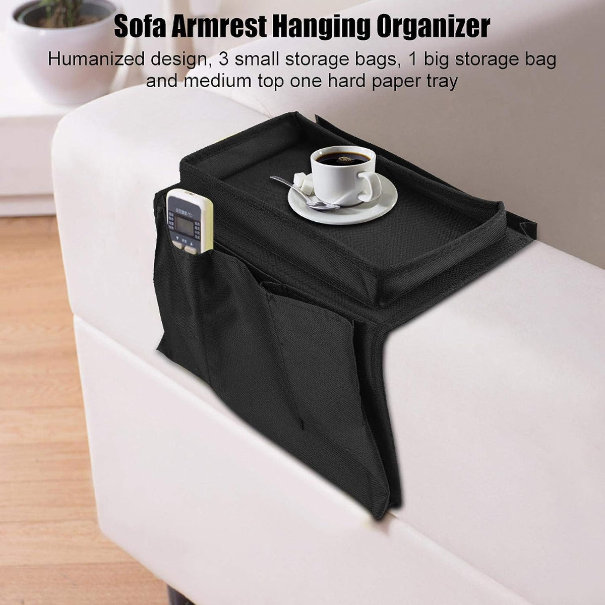 Sofa Armrest Organizer – Black Storage Caddy with Tray – close-up