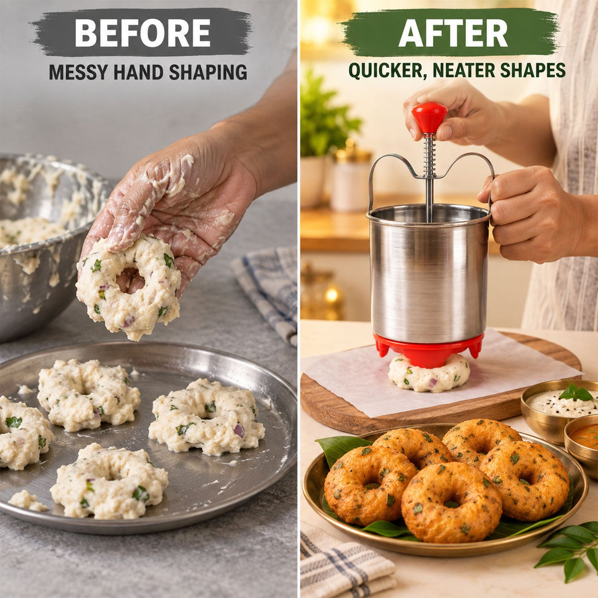 Medu Wada Maker – Stainless Steel Donut Dispenser – detail view