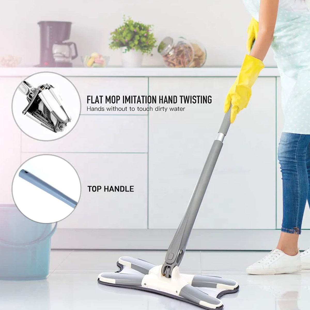 Flat Mop – 360° Rotating Head, Easy Squeeze – side view