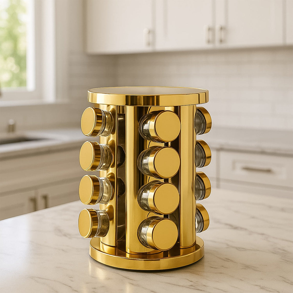 Rotating Spice Rack – LED Illuminated, 16 Jars, Golden