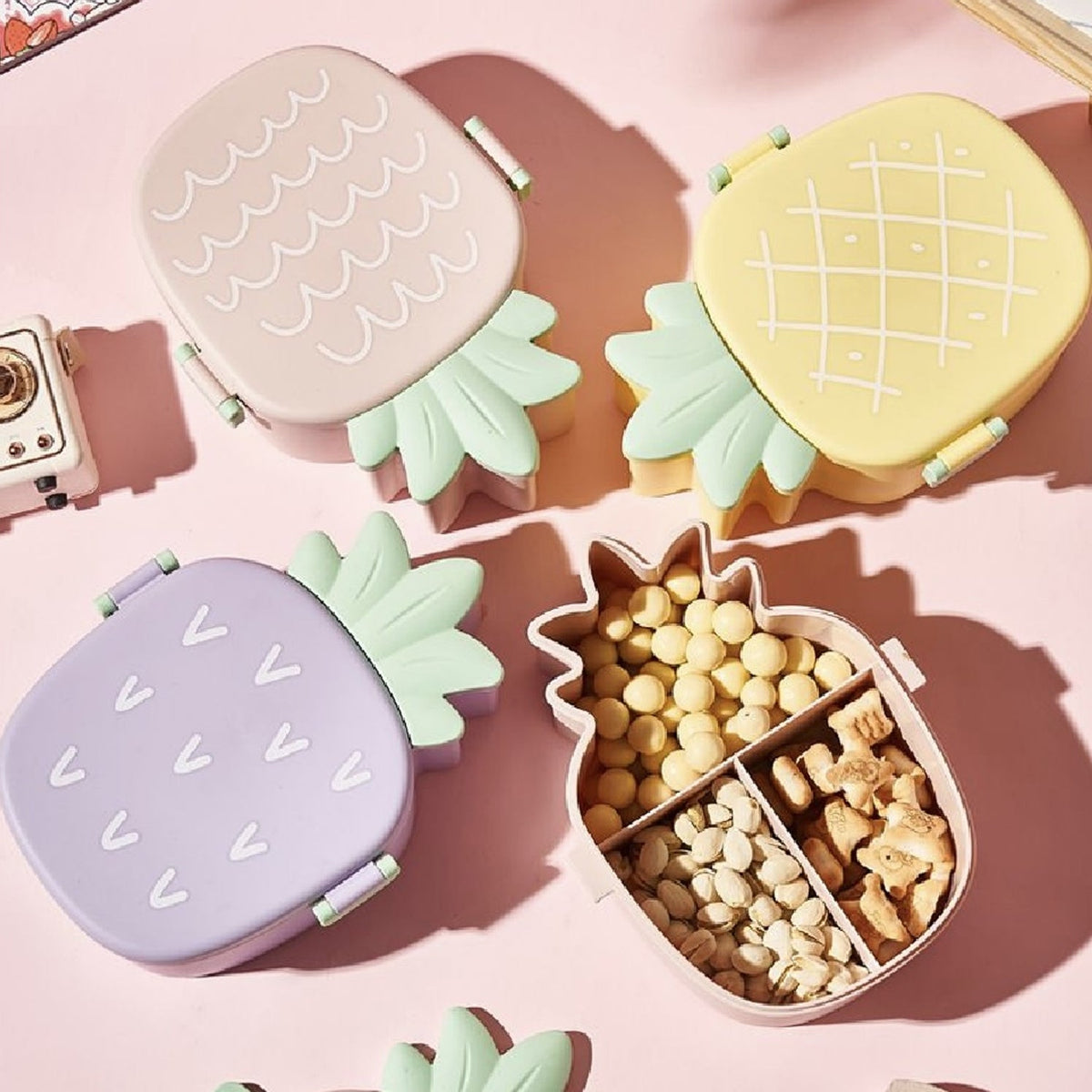 Kids Bento Lunch Box – Pineapple Design with Fork & Spoon – close-up