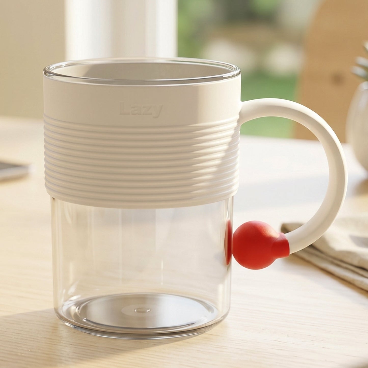 Transparent plastic coffee mug with a ring handle and red accent.