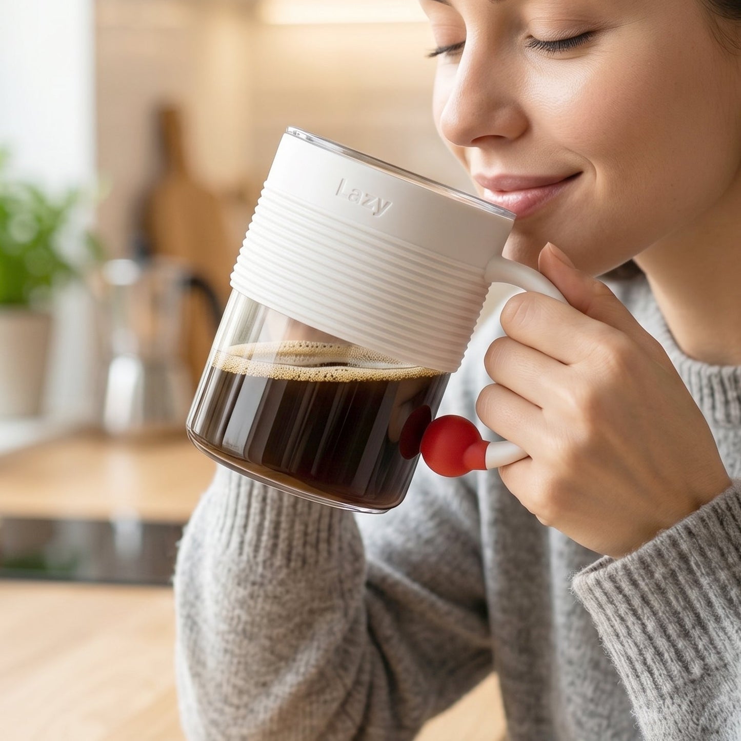 Plastic coffee mug in use, suitable for various hot and cold beverages.