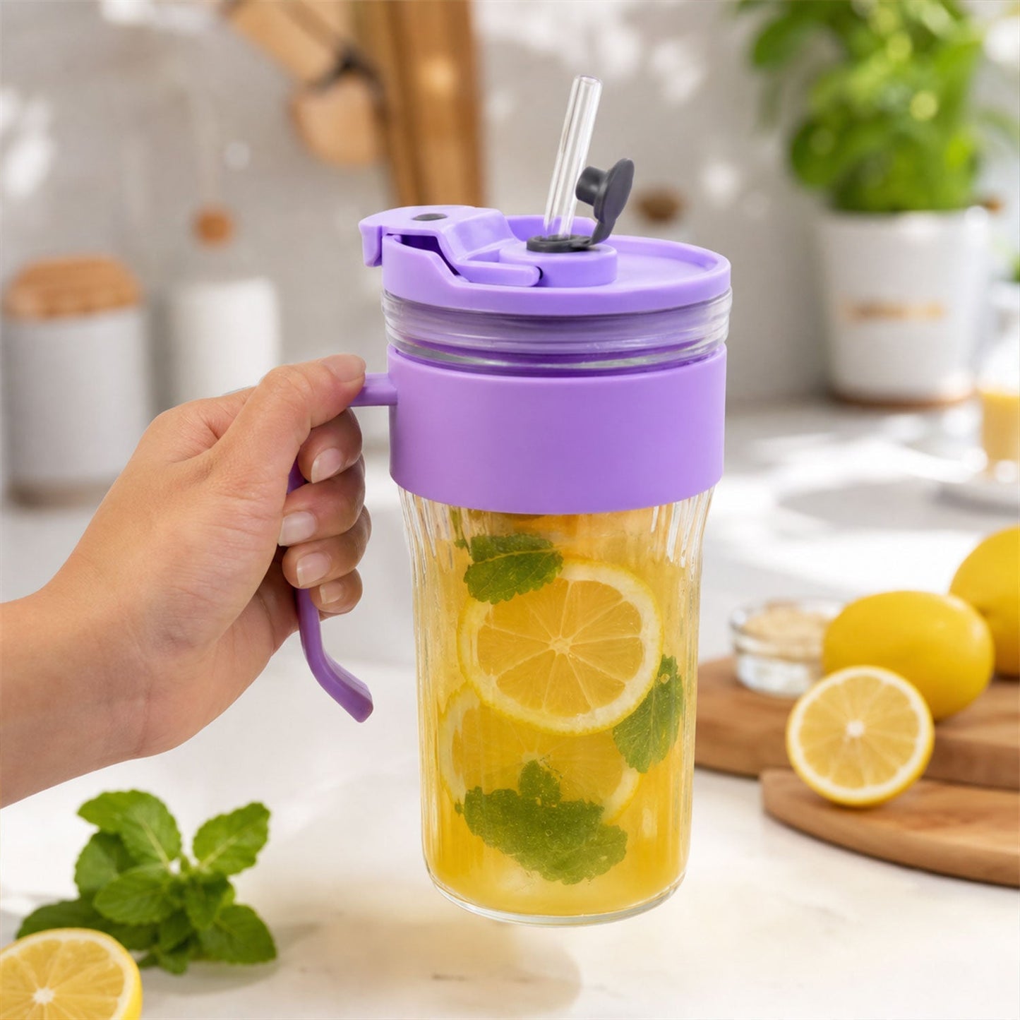 Stylish glass tumbler perfect for juice, smoothies, and iced tea.