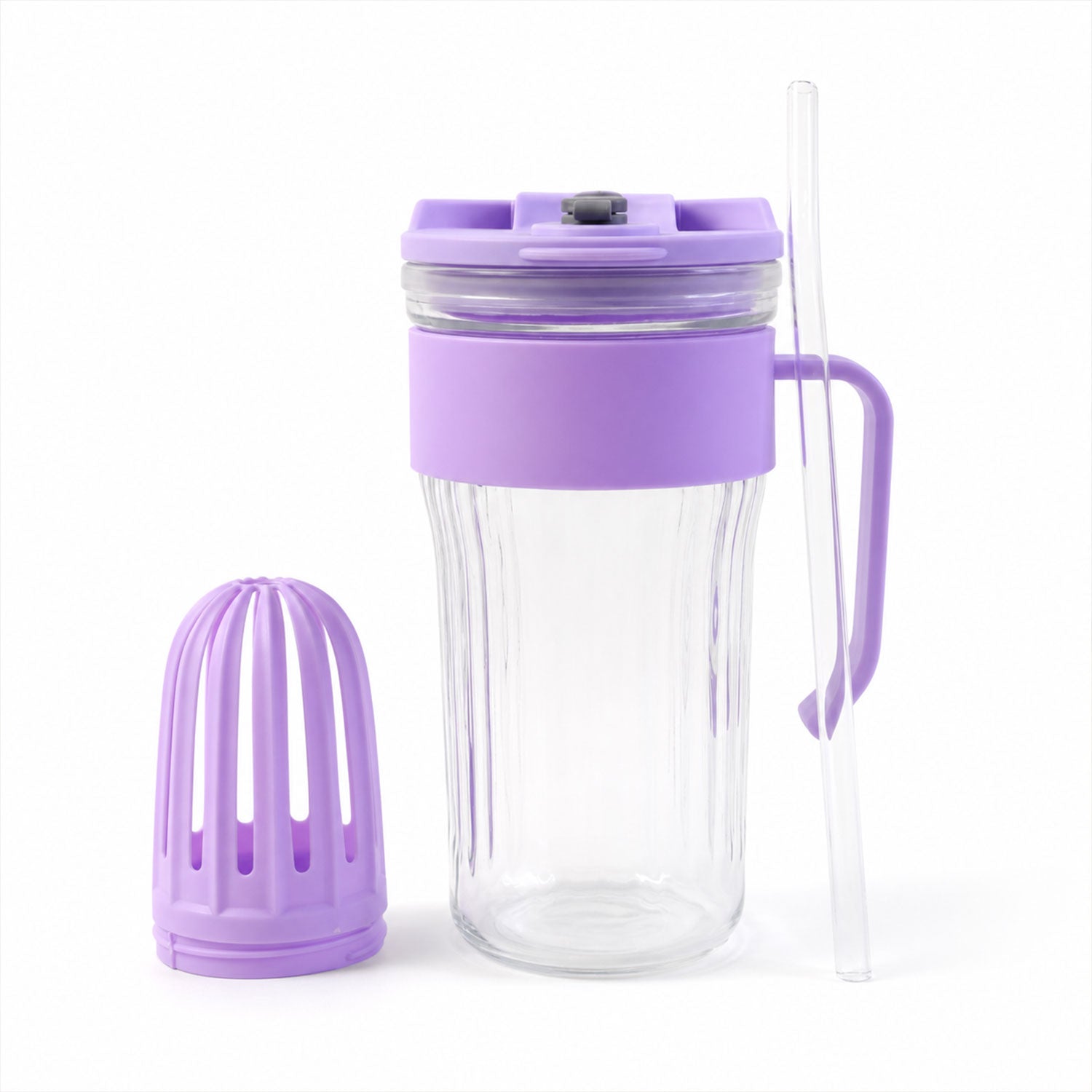 Front view of a versatile glass tumbler with lid and straw.