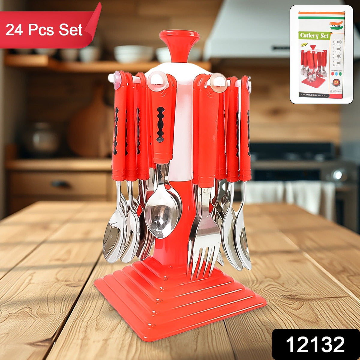 Stainless Steel Cutlery set – 24-Piece with Stand – side view