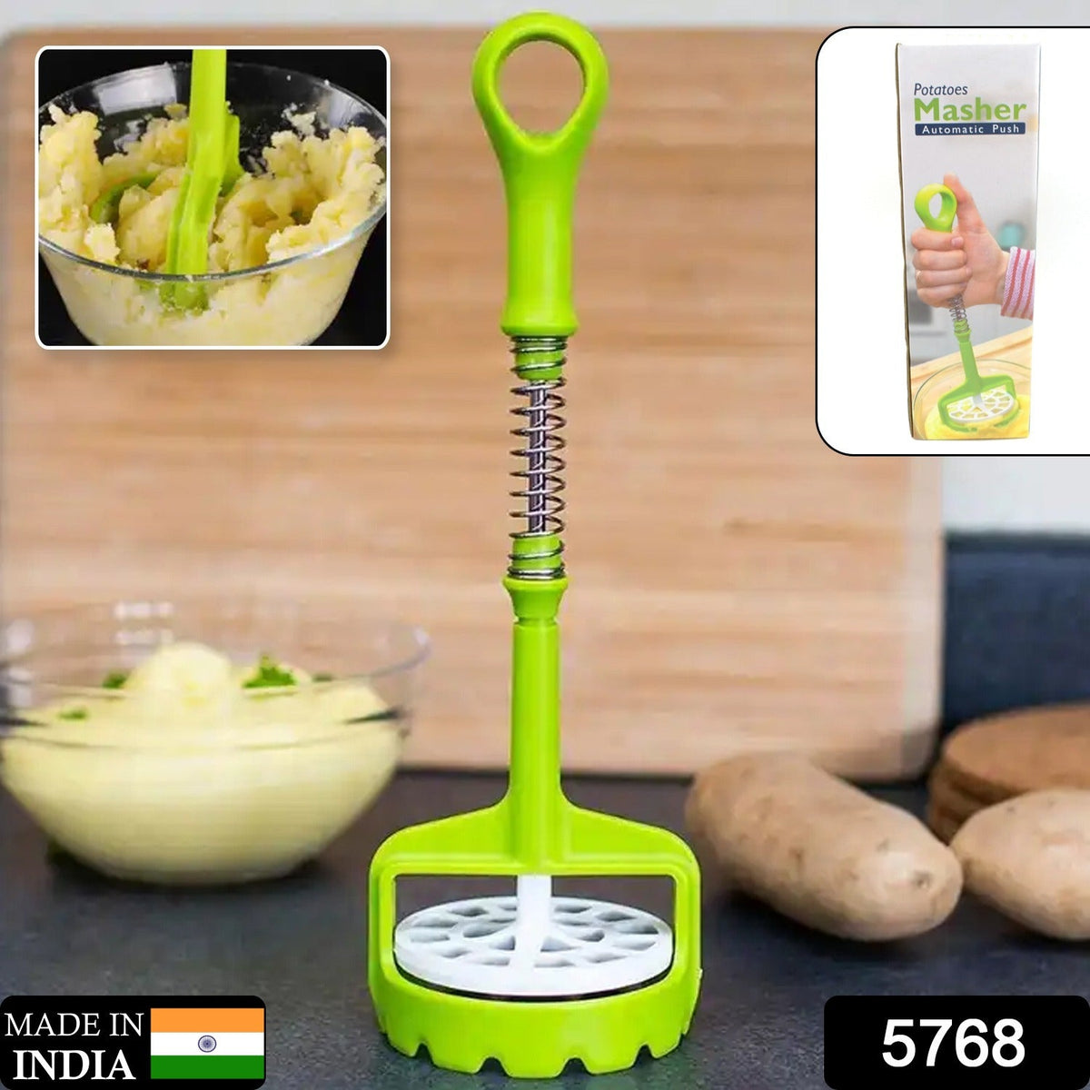 Potato Masher – One-Handed Spring Press with Comfort Grip – side view