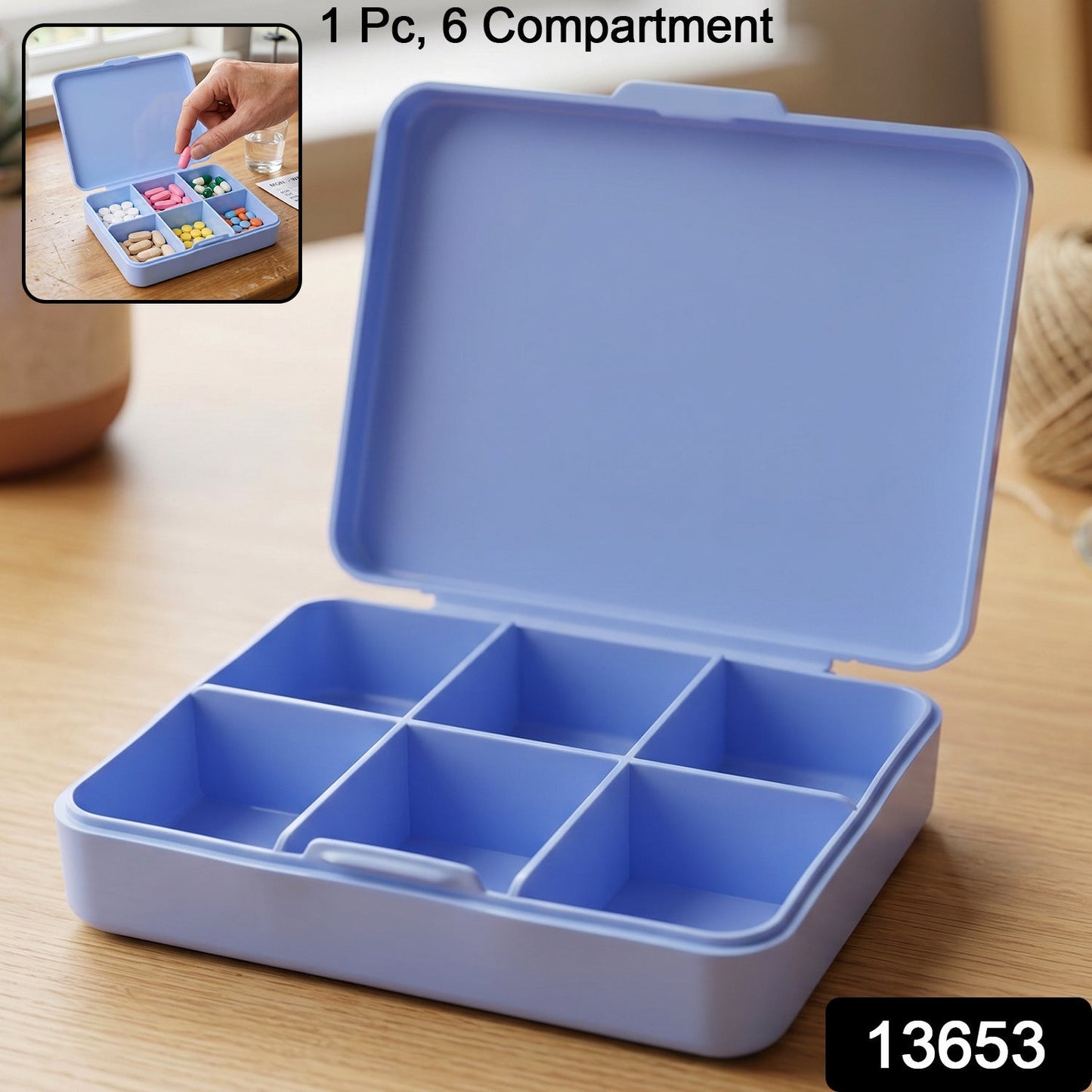 Pack of portable 6 compartment medicine storage cases for convenient travel.