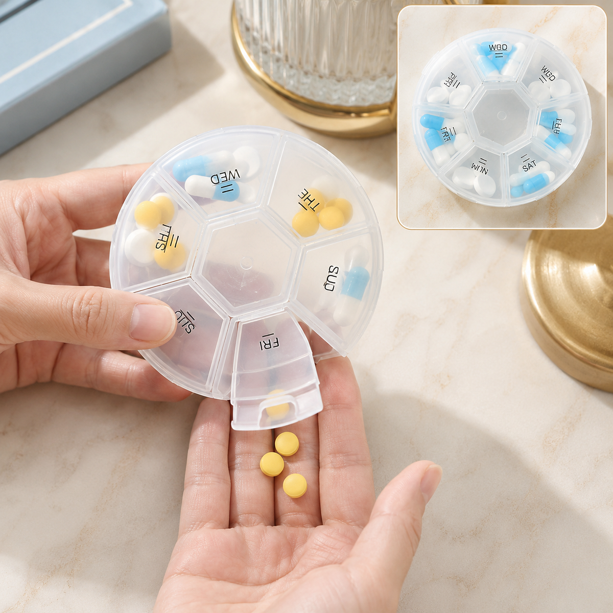7-Sided Portable Pill Box – Compact Weekly Medicine