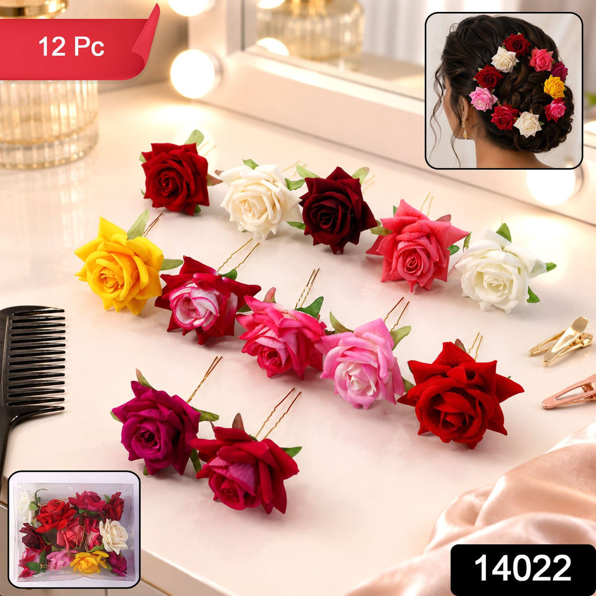 Flower Hair Pin set – Colourful Floral Accessory (12 Pcs) – side view