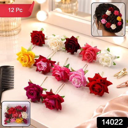 Flower Hair Pin set – Colourful Floral Accessory (12 Pcs) – side view