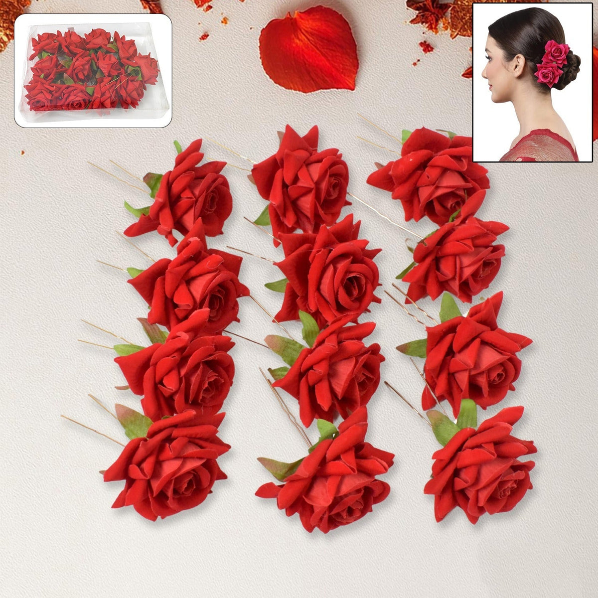 Red Rose Hair Clip – 12 pc Bridal Flower Pins for Women – close-up
