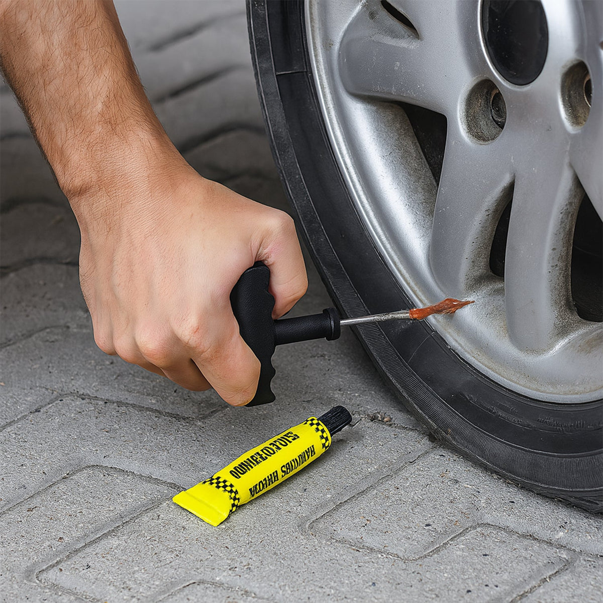Tubeless Tyre Puncture Repair Kit – 5 pc Emergency set – close-up
