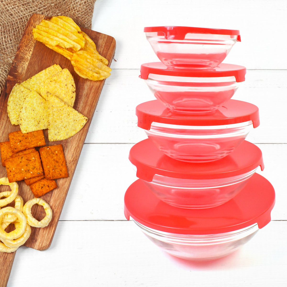 Glass Bowl set – 5 pcs Mixing & Storage with Lids