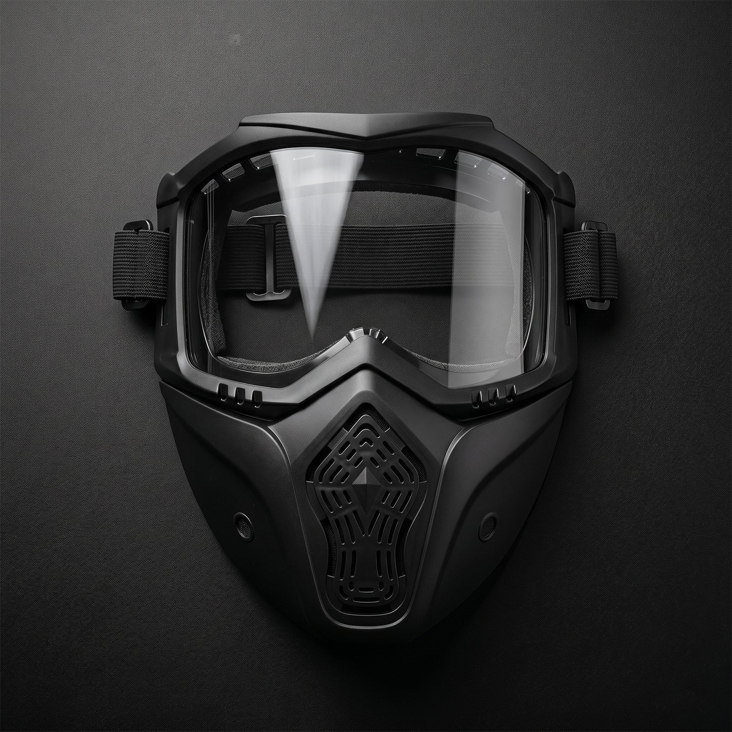 Full view of protective riding goggles with detachable shield in black