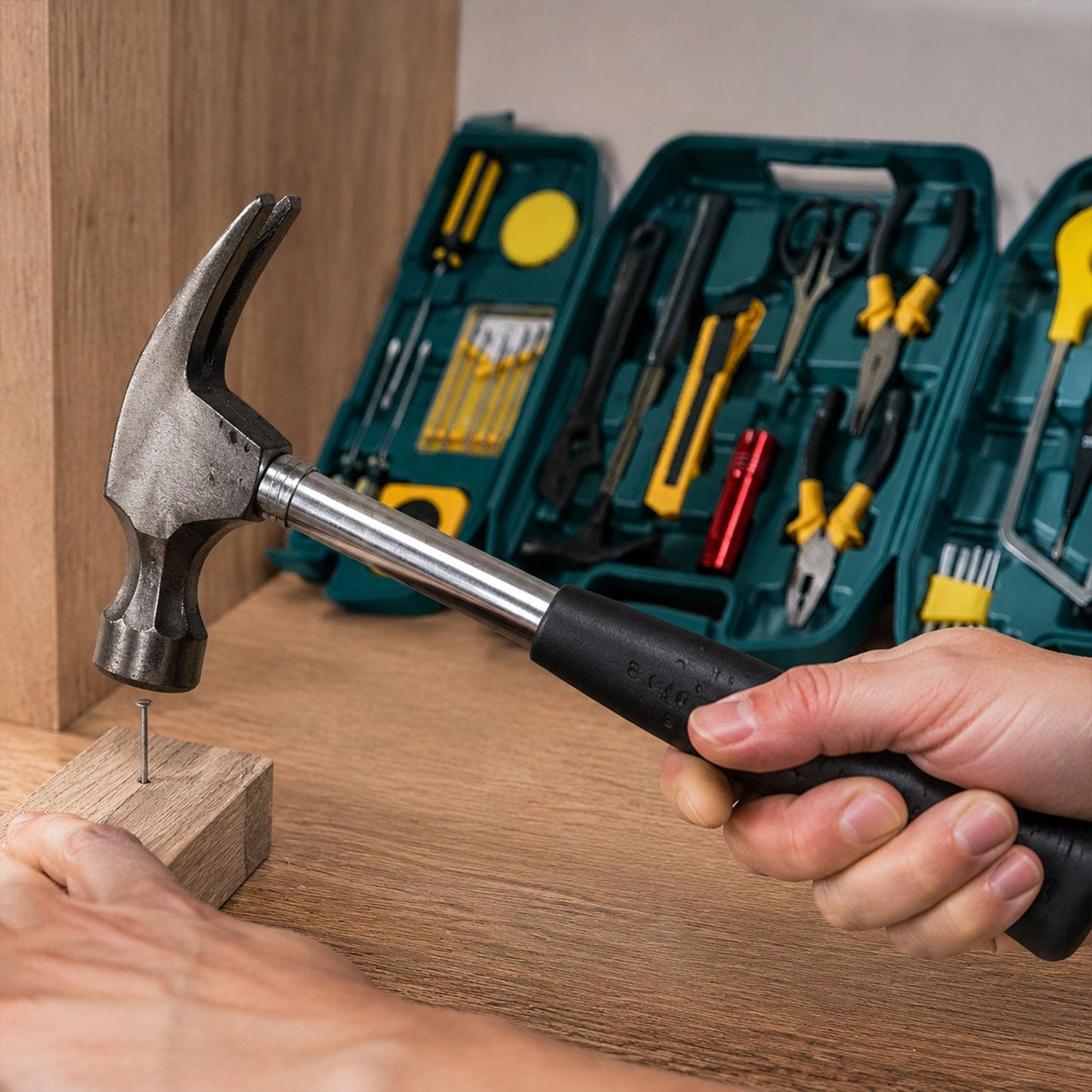Tools laid out from Home Tool Kit Set for various household repairs.