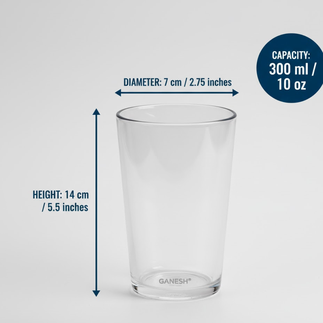 Infographic showing key features of the Ganesh Classic unbreakable plastic glasses.