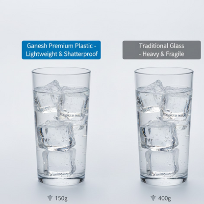 Close-up of a single Ganesh Classic 350ml plastic glass highlighting its clear finish.