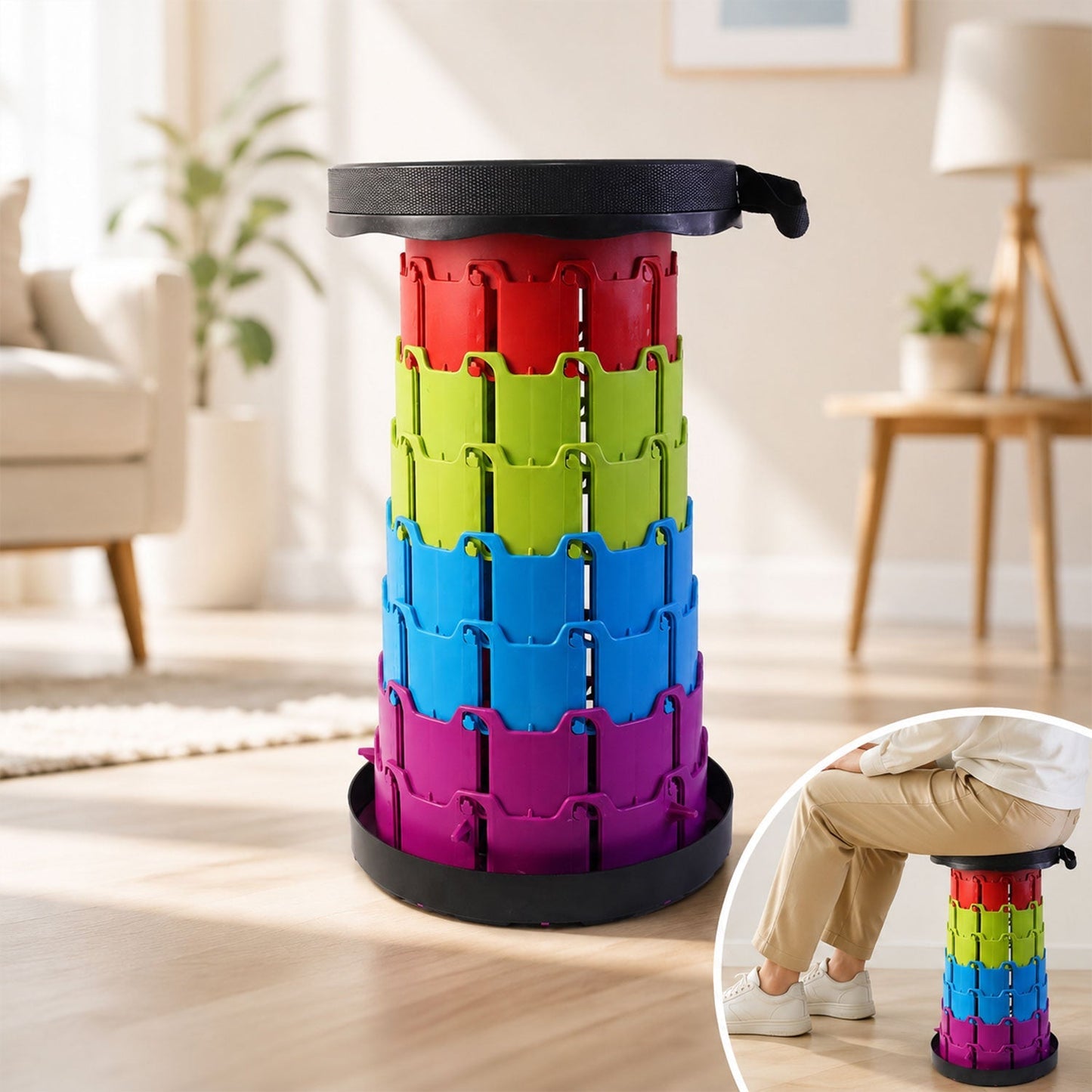 Person sitting on a collapsible camping stool